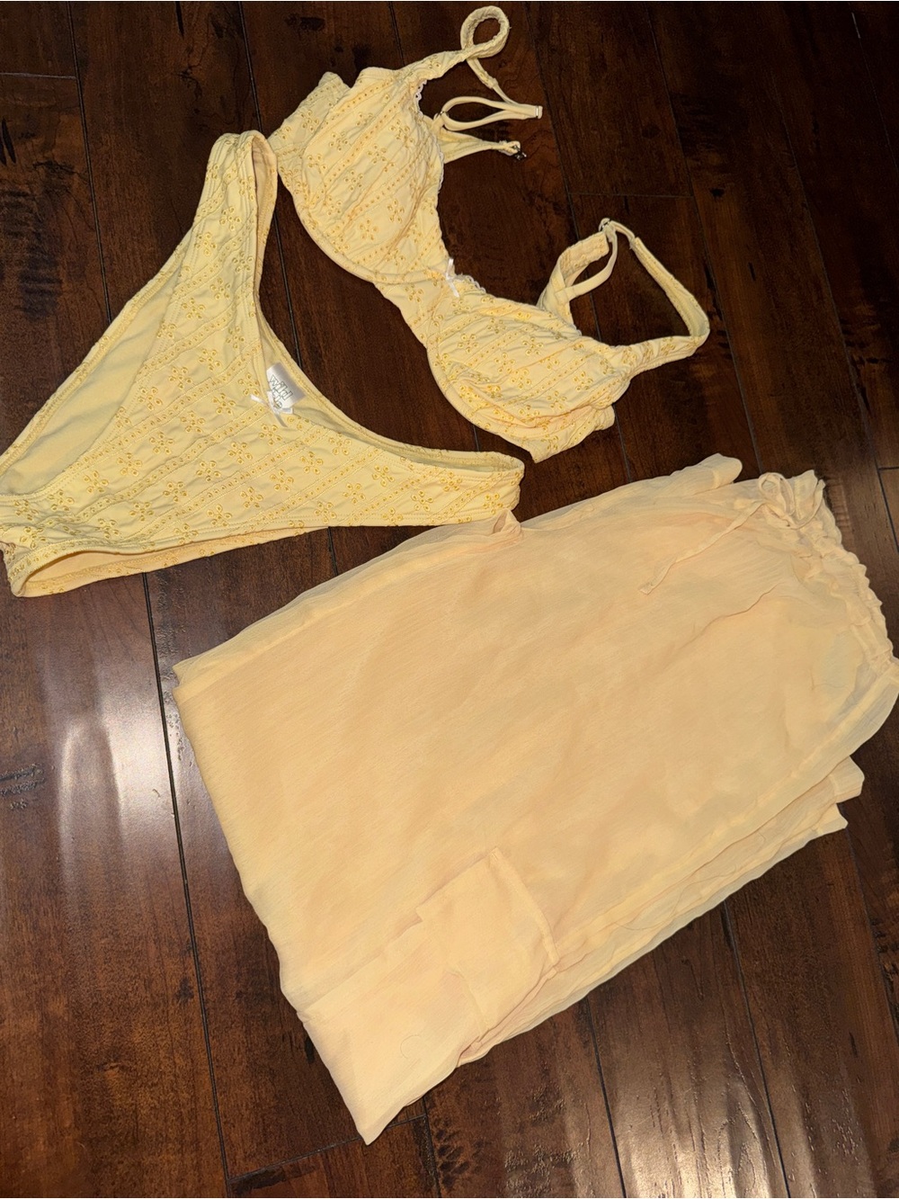 wild fable Pale Yellow Eyelet Bikini Set with Sheer Cover-Up